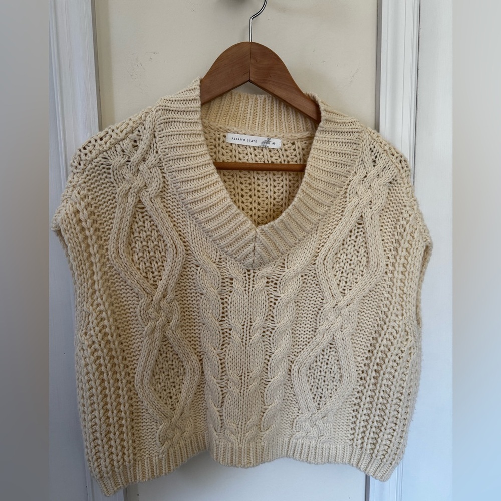 Altar'd State Cream Chunky Cable V-Neck Sweater
